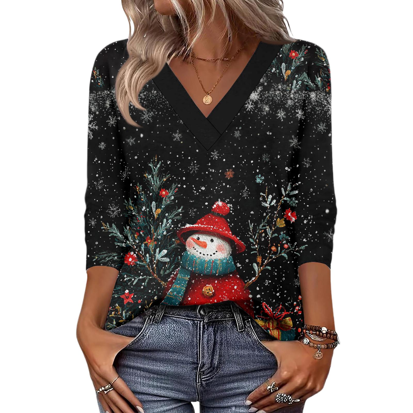 

Women s Loose Comfortable Casual Fashion V-Neck Christmas Print 3/4 Sleeve Top XXL чорний