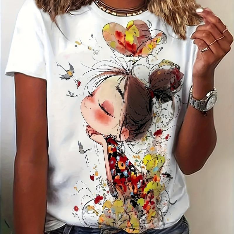Heart printed round neck T-shirt, casual short sleeved T-shirt, women s clothing S