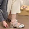 2025 New Silver Bow Square Head Middle Heel Mary Jane Shoes Children One Word with High Heels Thick Heel Single Shoes