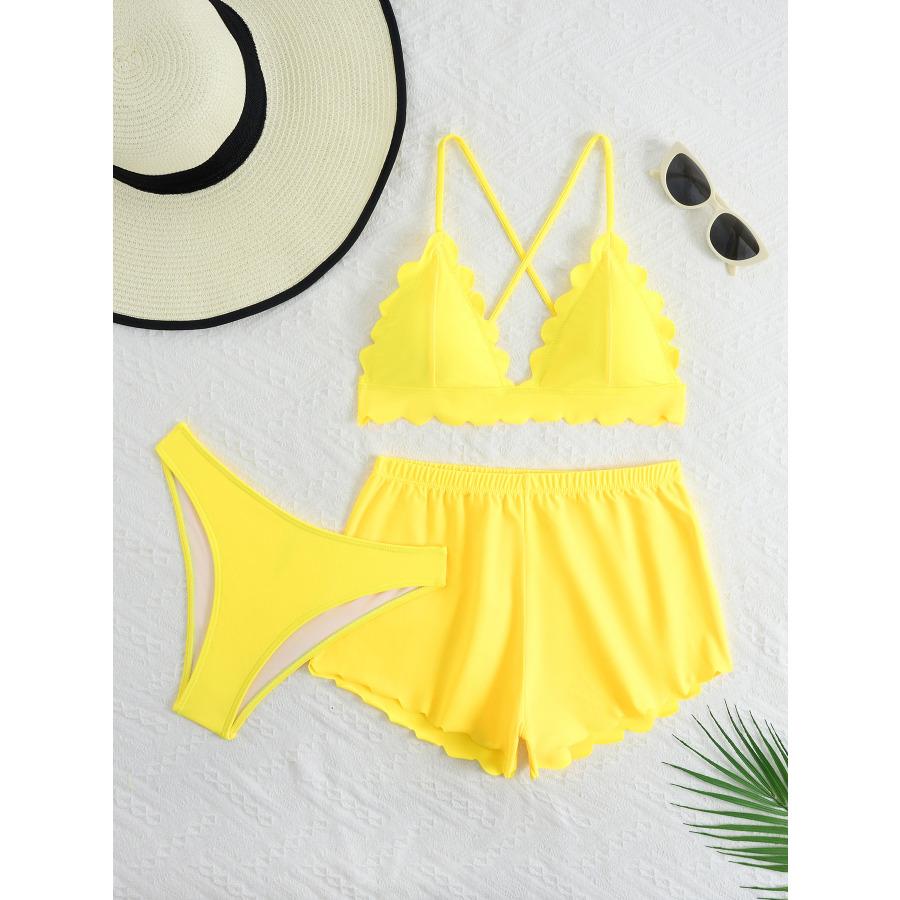 Women's 3 Piece Swimsuit Set Sexy Tie Side Bikini with Skirt Cover Up, Solid Color Swimwear for Summer Beach Vacation 0963