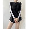 Conservative Long Sleeve Swimwear: Slimming Tummy Control Boyleg One-Piece for Female Students