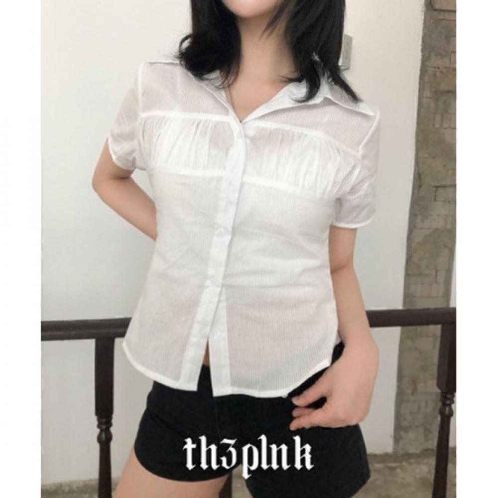 The Pink Women Slim Fit Shirring Collar Short Sleeve Shirt Blouse