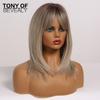 Medium Length Ombre Brown To Blonde Straight Hair Wigs with Bangs Synthetic Wigs for Women Cosplay Heat Resistant Natural Wigs