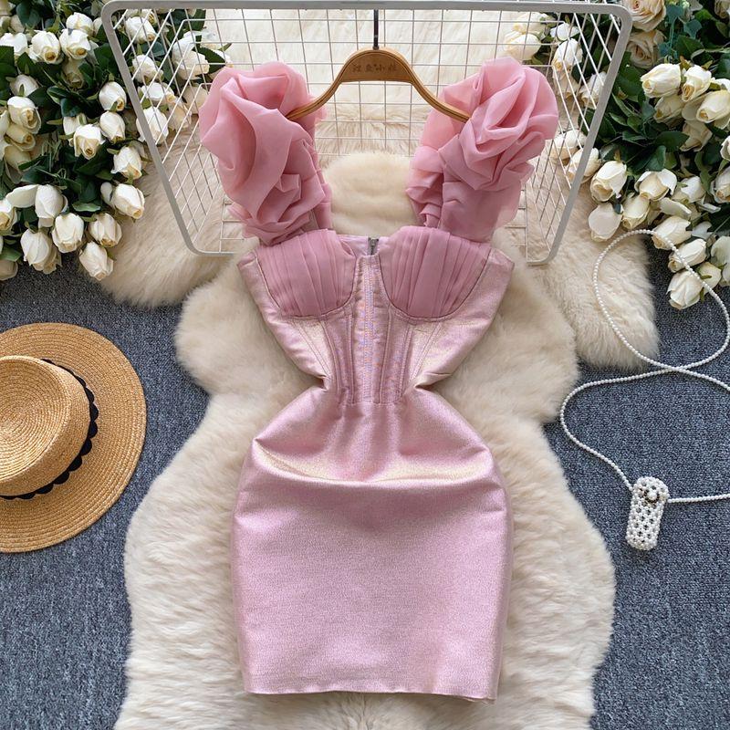 

Birthday Party Dress Women s French Three-Dimensional Ruched Puff Sleeves Waist-Tight Slim Looking Accessible Luxury Fishbone Hip-Wrapped Dress Pink L