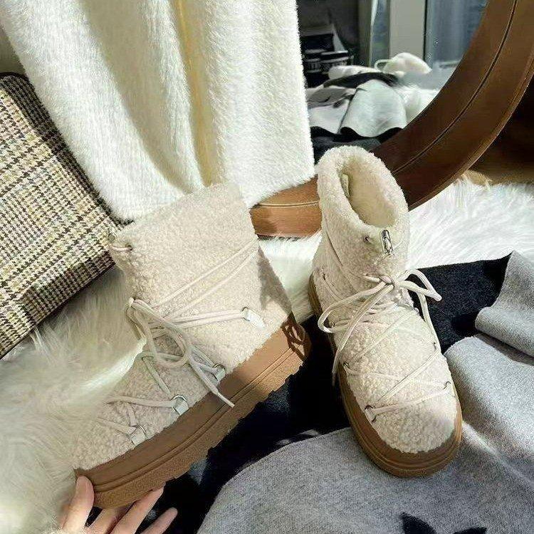 Thick-soled White Snow Boots, Small Warm and Piled Thickened Northeast Cotton Shoes 2025 Strap Design Fluffy Shoes for Women