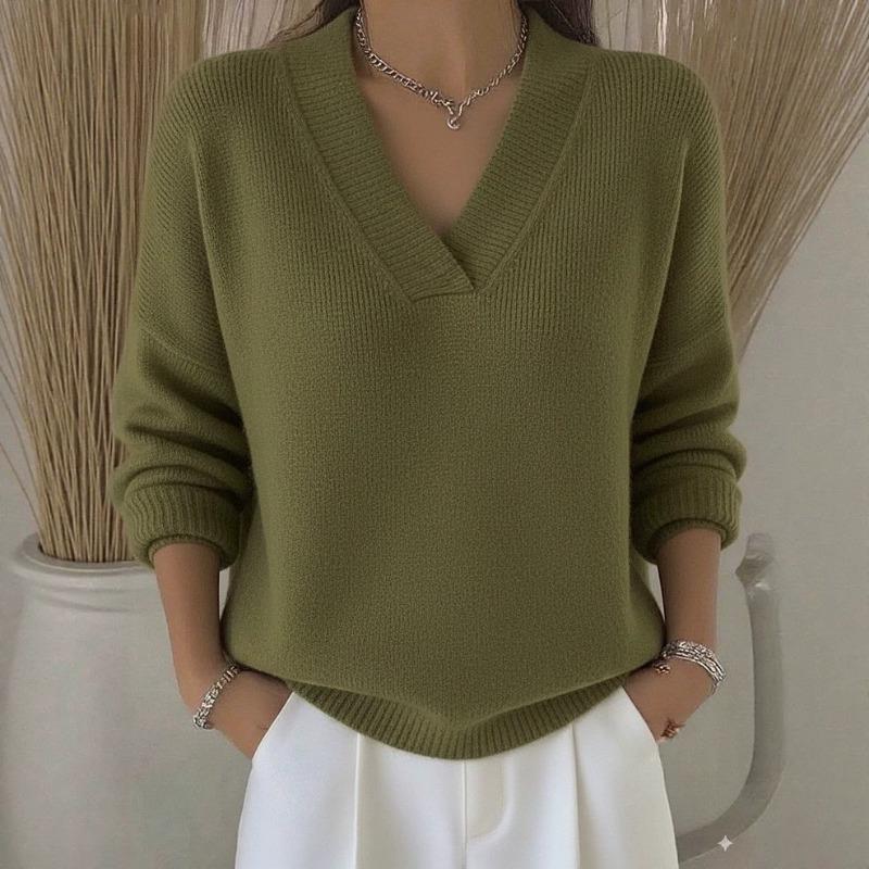 Damen S V-Ausschnitt Unifarben Locker Gestrickter Pullover Herbst Basisschicht