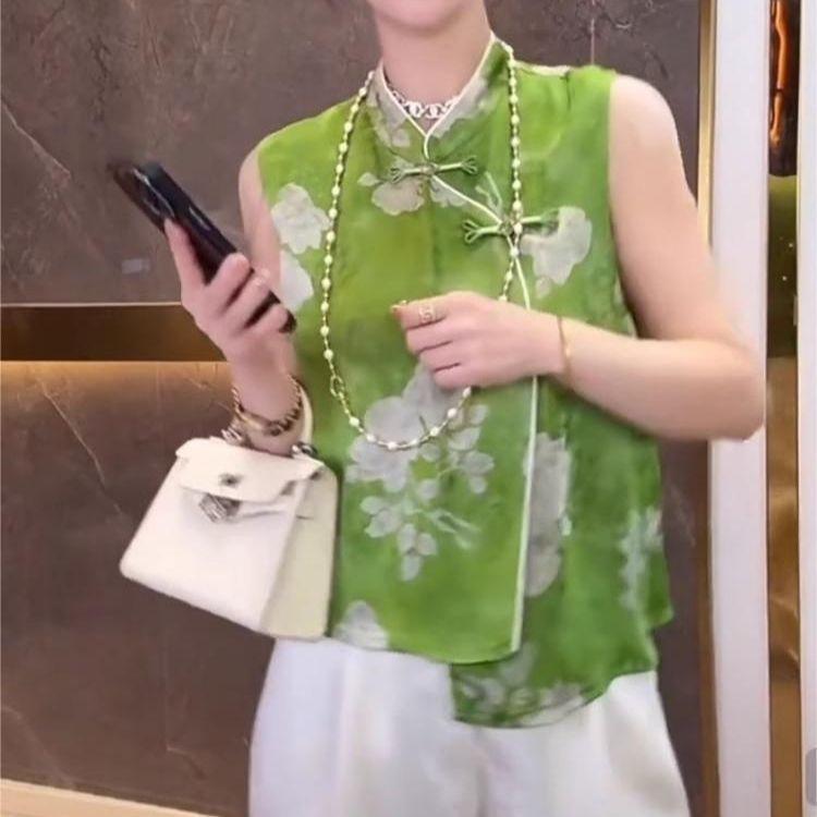 

Temperament stand-up collar vest versatile sleeveless top summer summer temperament shirt M [Recommended below 50kg] зелёный