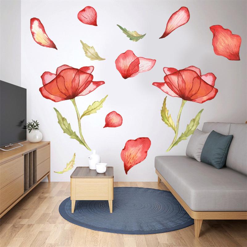 4sheets/set Wall  Stickers Of Removable Poppy Watercolor Inkjet For Bedroom Living Room Decoration