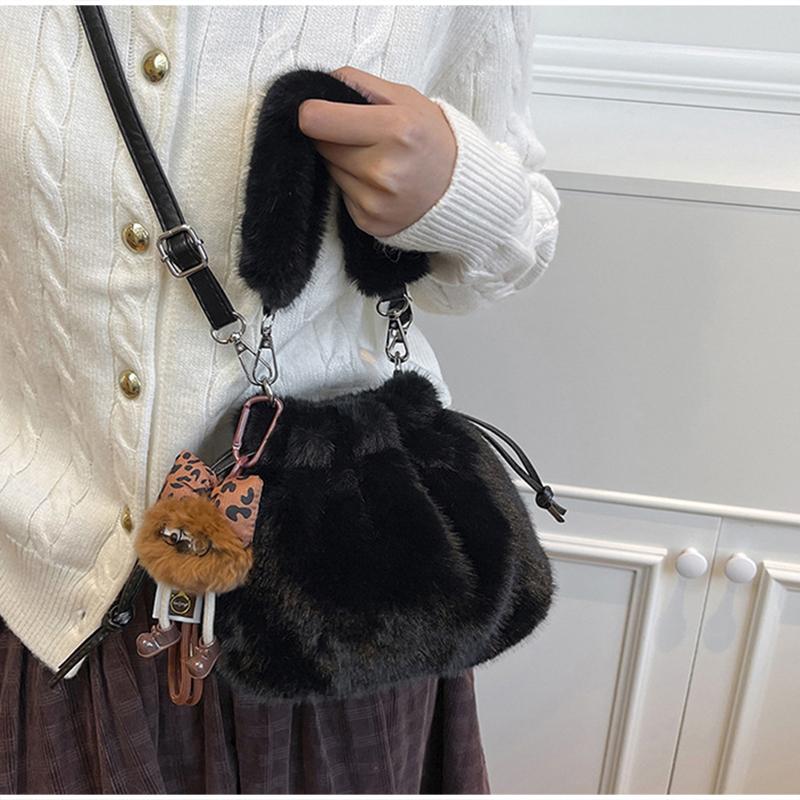 Faux Fur Tote Bag Soft Fluffy Shoulder Bag With Cute Pendant Plush Drawstring Crossbody Bag Women Winter Casual Commuter Handbag