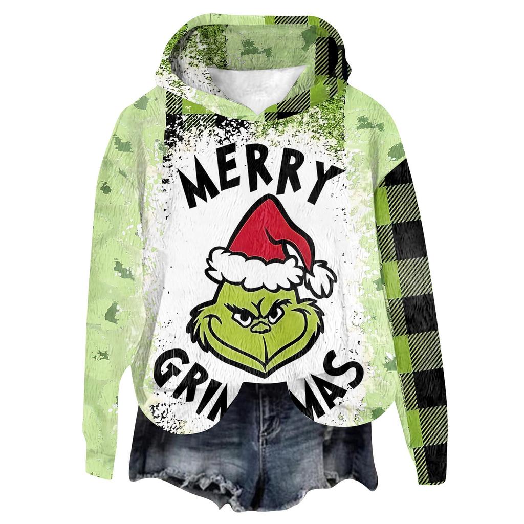 Women's Hooded Long Sleeve Christmas Printed Flannel Top Hooded Sweatshirt