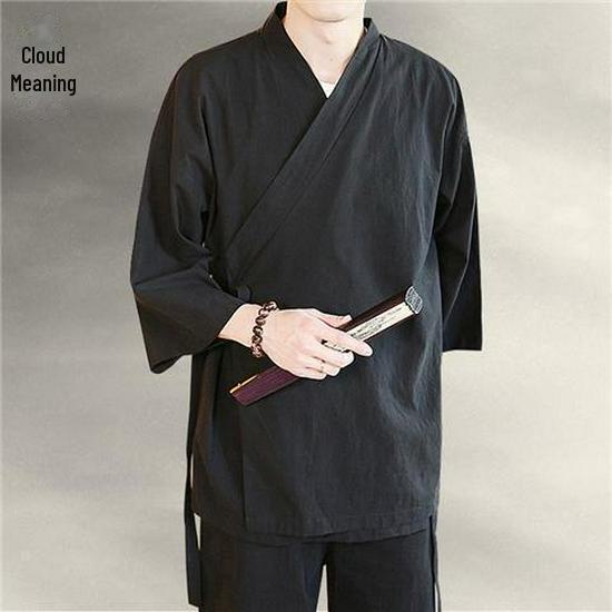 Men's Zen Buddhist Hanfu Jacket: Three-Quarter Sleeves, Slanting Collar, Summer Style, Ancient Chinese Tea Clothing, Cotton & Linen Taoist Robe.