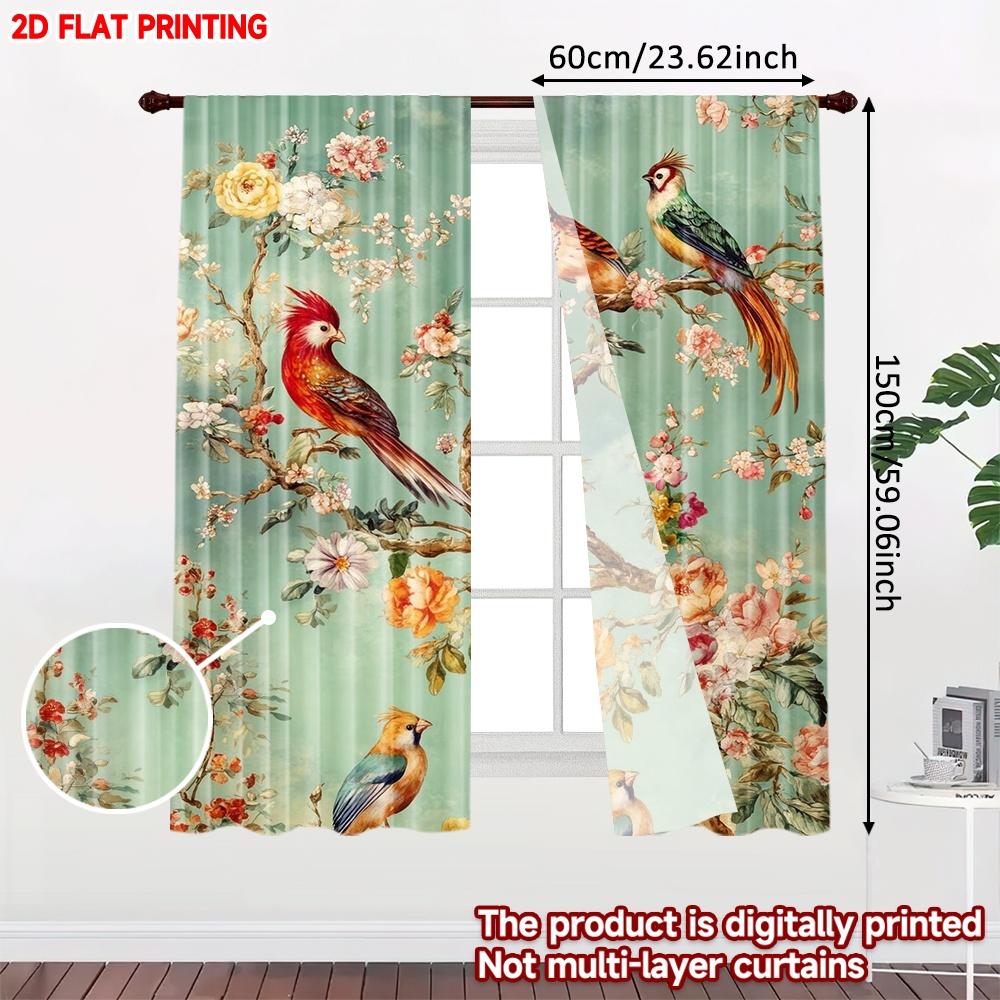 2D flat printing 2pcs Curtain Party Curtains Birds and Blossoms Digital Printed Polyester Drapes Family Party Decoration for