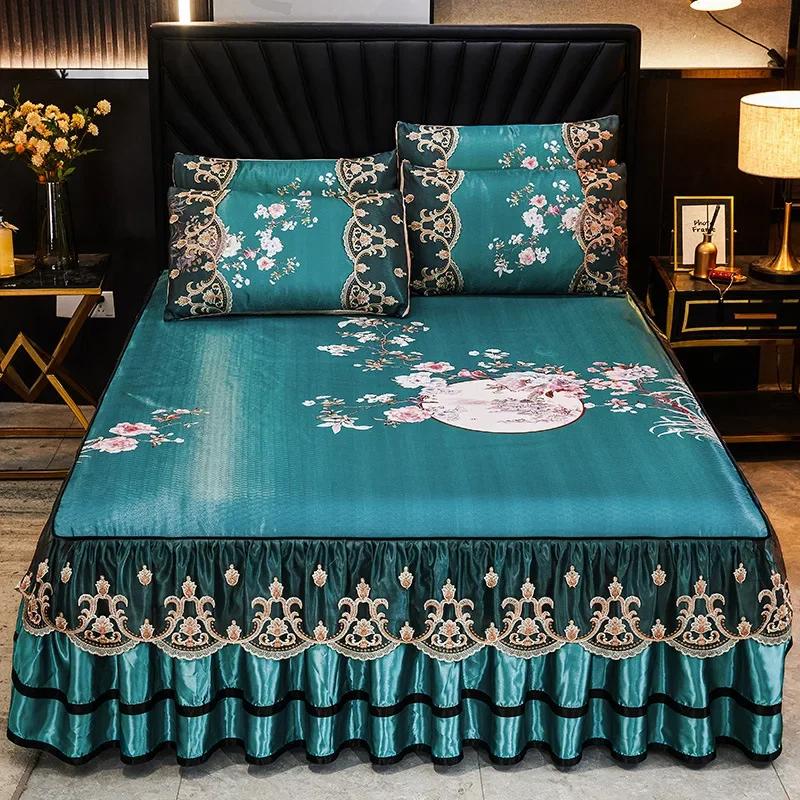 

3 Pcs Linen Sheets Lace Mat Heighten Fitted Bed Sheet Summer Jacquard Weave Soft Bed Sheet with Pillowcases For Home 3 Pcs 150x200cm