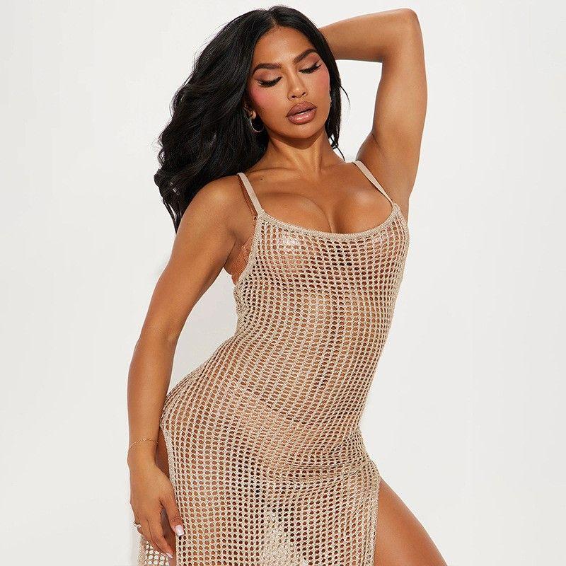 

2024 European and American Sexy Dress Female Rhinestone Cut Out No Rest Sling Beach Nightclub Vacation Casual Skirt Beige L