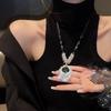 Women's Court Style Long Sweater Necklace with High-End Rhinestone Inlaid Oval Pendant