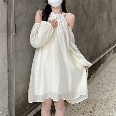 French Atmosphere Design Fairy Dress First Love Off the Shoulder Neck Dress Long Sleeve Coffee Break Spring and Autumn New Small Man