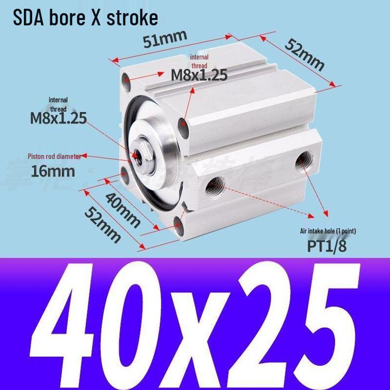 SDA Mini Pneumatic Cylinder, High Thrust, Thin Type, Bore Sizes 20/25/32/40/50