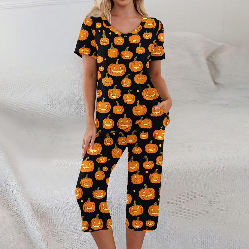 2 Piece Sets For Women Short Sleeve Top And Pants With Pockets Workout Soft Halloween Print Sets