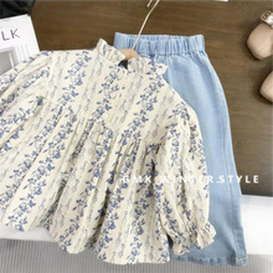 Kids' Korean Mohair Bubble Sleeve Knitted Cardigan & Floral Stand Collar Dress