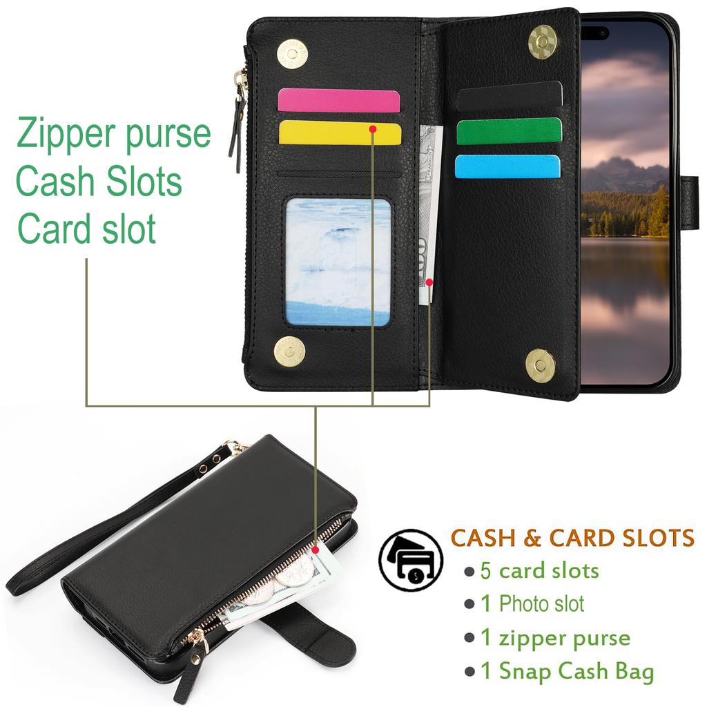 XL-001 For iPhone 15 Pro Case Zipper Pocket Wristband Stand Leather Phone Cover