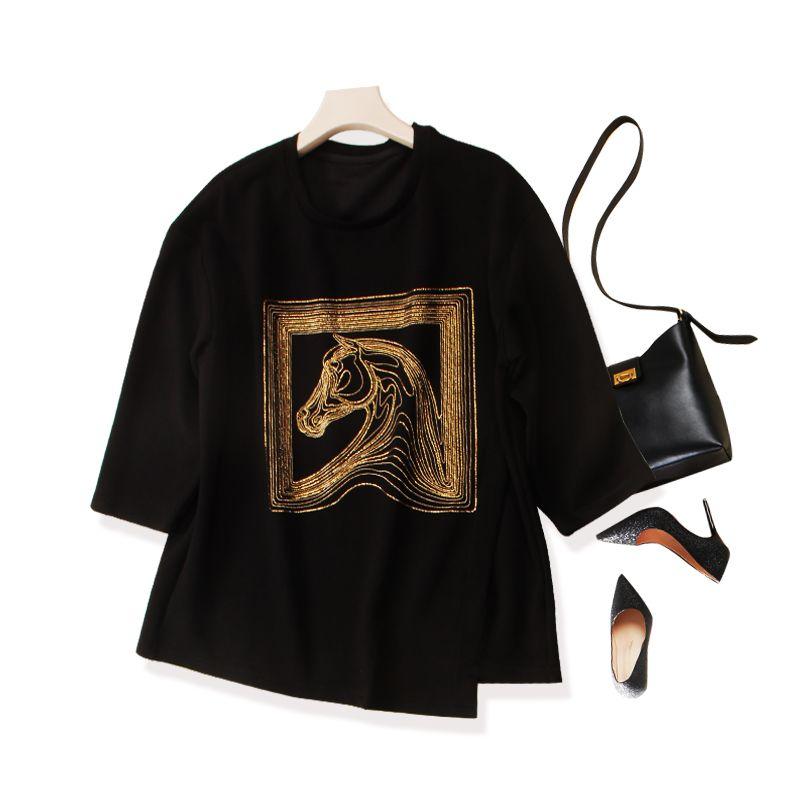 

Качественный заказ на терминальную пряжку! Женская футболка с рукавами до плеч, свободного кроя, с водорастворимым алмазным принтом в виде головы лошади, с неровным подолом, платье-бандаж, осень и зима Black L