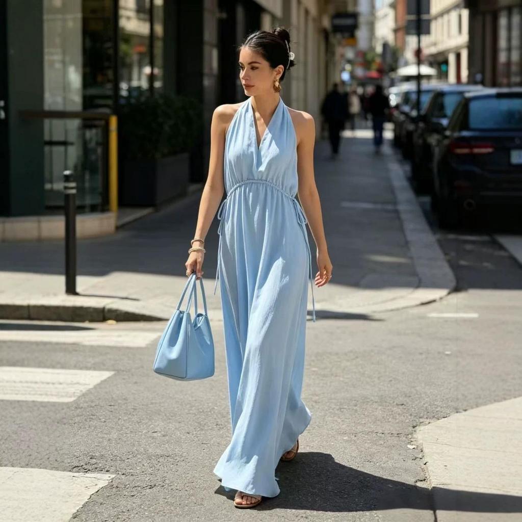 2026 Slimming V-Neck Halter Dress for Women - Waist-Cinching Summer Vacation Style
