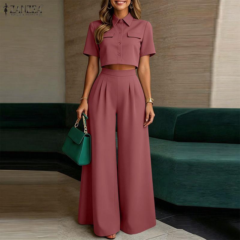 ZANZEA Women Short Sleeve Cropped Blouse and Long Pants Casual Two Piece Suit Sets