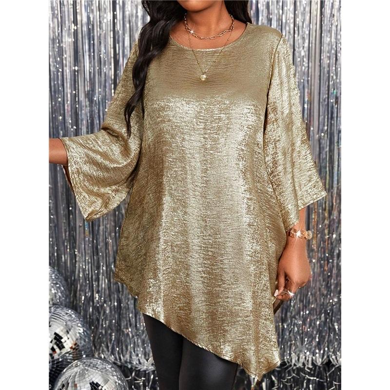 

New European And American Large Size Loose Round Neck Nine Point Sleeve Irregular Hem Blouse Women s Clothing XXXL золотой