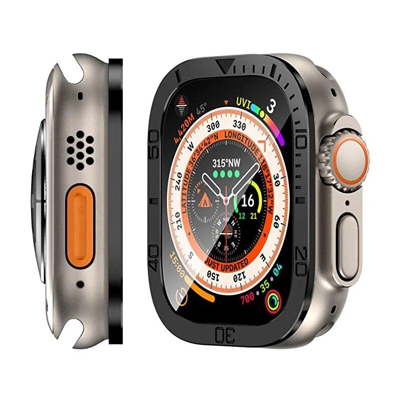 Ochranné sklo pro Apple Watch Ultra 49mm Pouzdro Příslušenství Kovový Kryt Rám+Tvrzené sklo pro iWatch Ultra 2 49mm Luneta