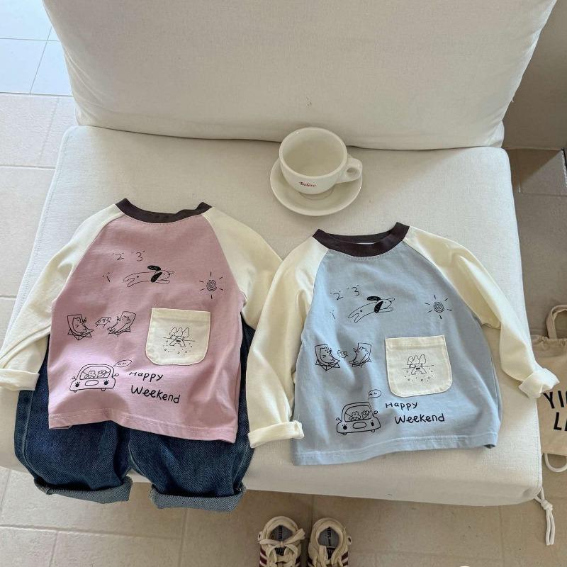Kids Cartoon Print Cotton Long Sleeve T Shirt With Pockets For Boys And Girls