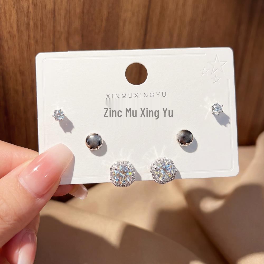 Elegant Rhinestone Zirconia Silver Stud Earrings - Luxurious High-Quality Jewelry 3 pairs*Thickened 14k Real Gold Plating
