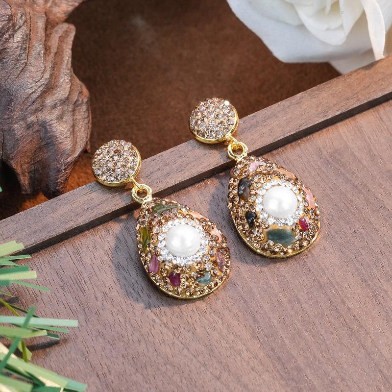 Natural Baroque Freshwater Special-shaped Pearl Earrings Jewelry Set Women's Inlaid Tourmaline Sweater Chain Jewelry Three-piece Set
