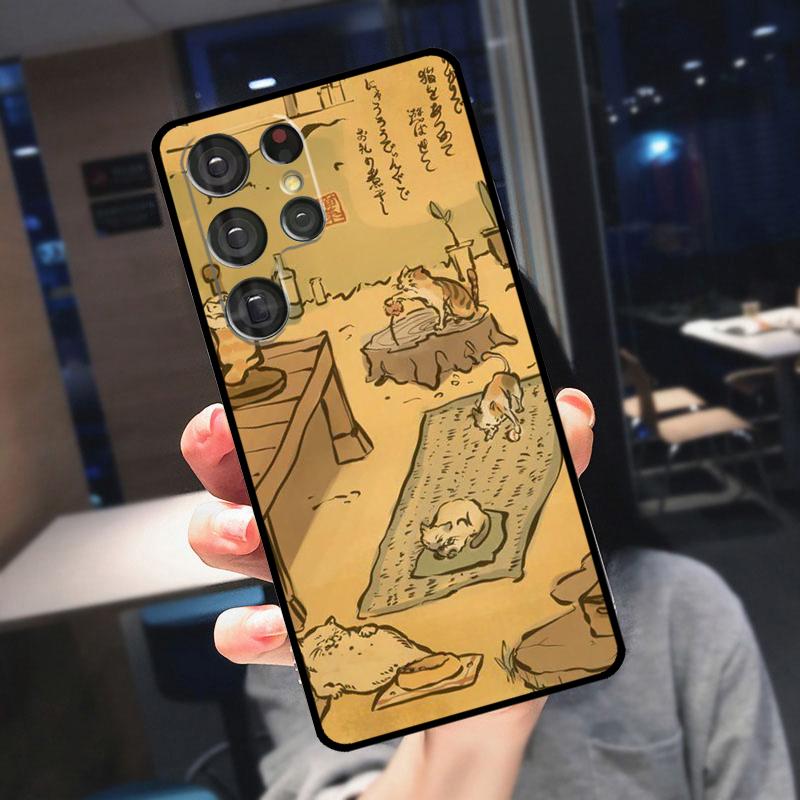 Japanese Cat Drink Pattern Case For Samsung Galaxy S23 Ultra S22 Ultra S20 FE S21 FE Note 10 20 S8 S9 S10 Plus Cover