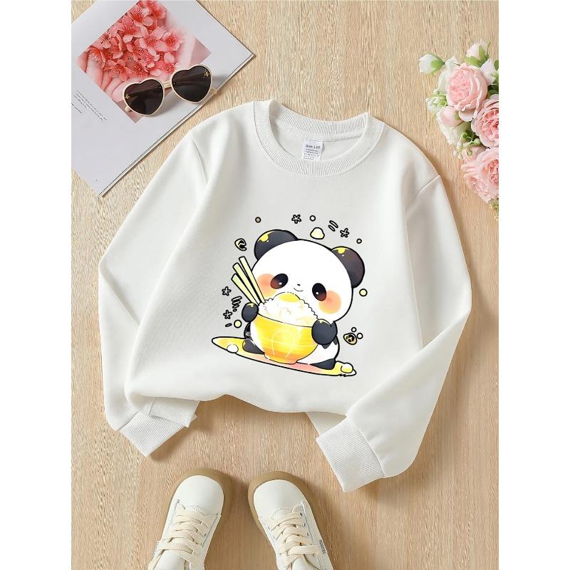 European sizes Kids  Crewneck Sweatshirt - Cute Panda Eating Rice Bowl , Sportswear And Casual Wear, Soft And Comfortable 110 белый