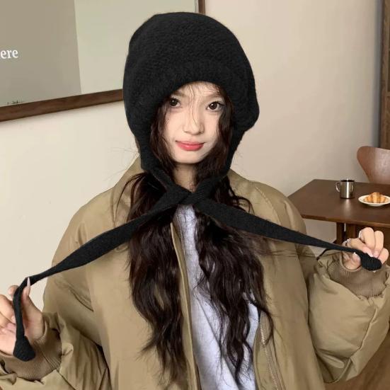 Chapéu Feminino Outono Inverno Gorro Quente Japonês Malha Chapéu Boné de Pelo À Prova de Vento Grosso Proteção de Orelhas Gravata Pulôver Gorro Bonnet
