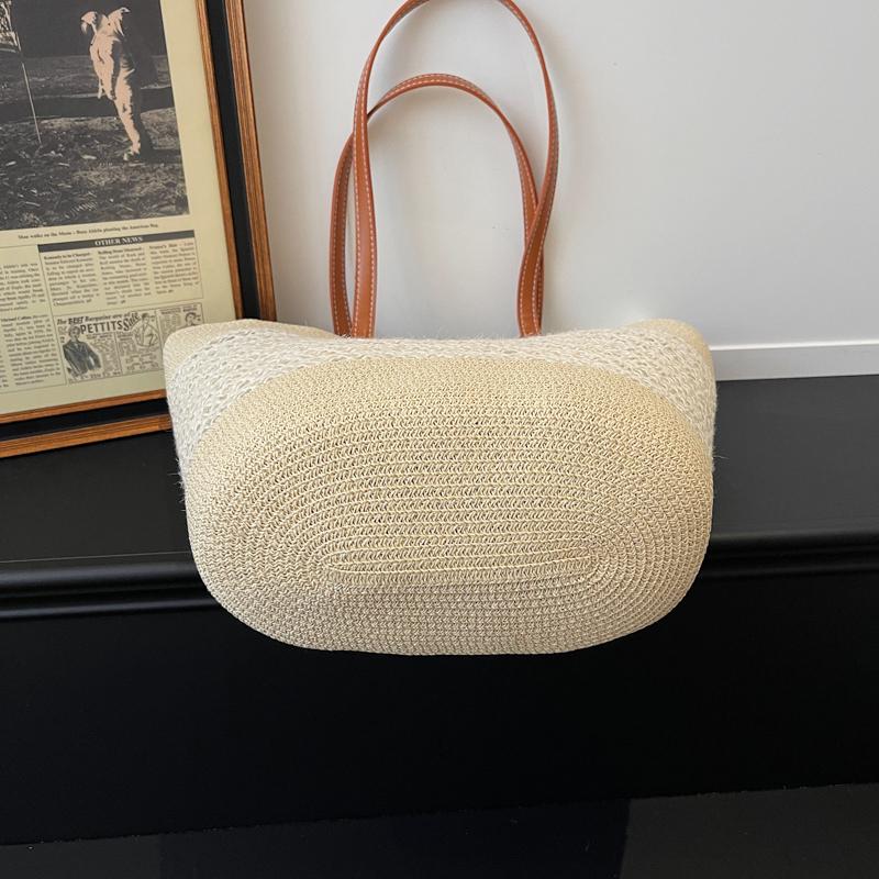 Handwoven Straw Tote Bag with Leather Handles Woven Pattern Summer Beach Bag Casual Everyday Use