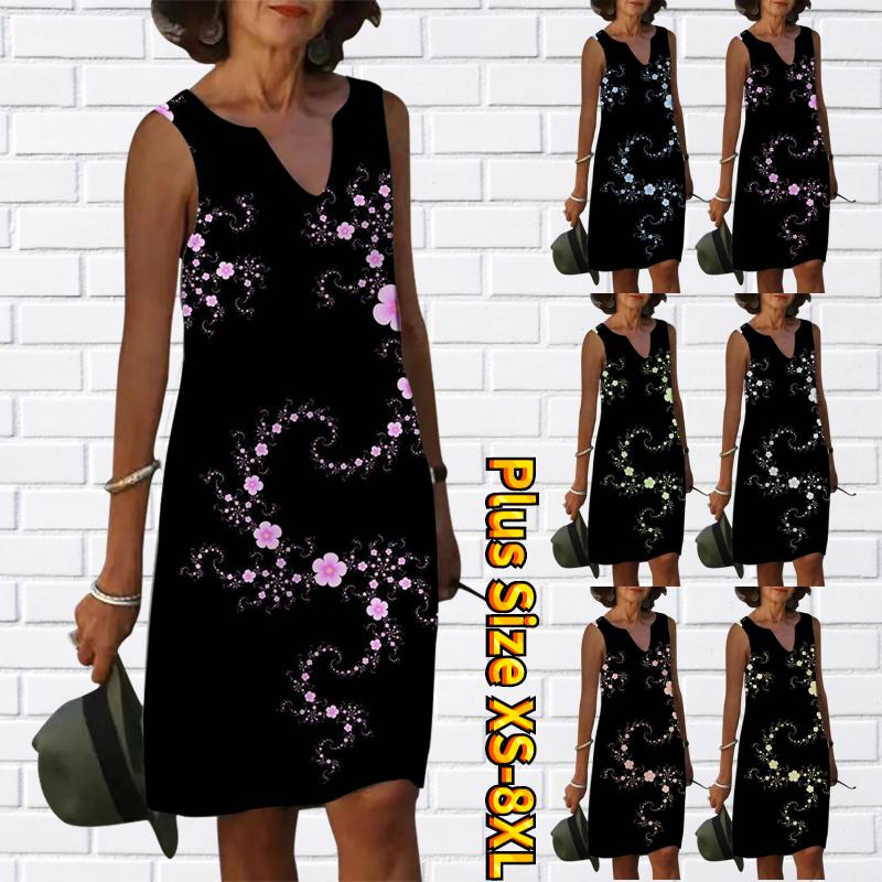 

Женское платье с V-образным вырезом Летнее розовое платье с цветочным принтом Повседневное модное платье без рукавов Повседневные свободные сексуальные платья больших размеров XS-8XL