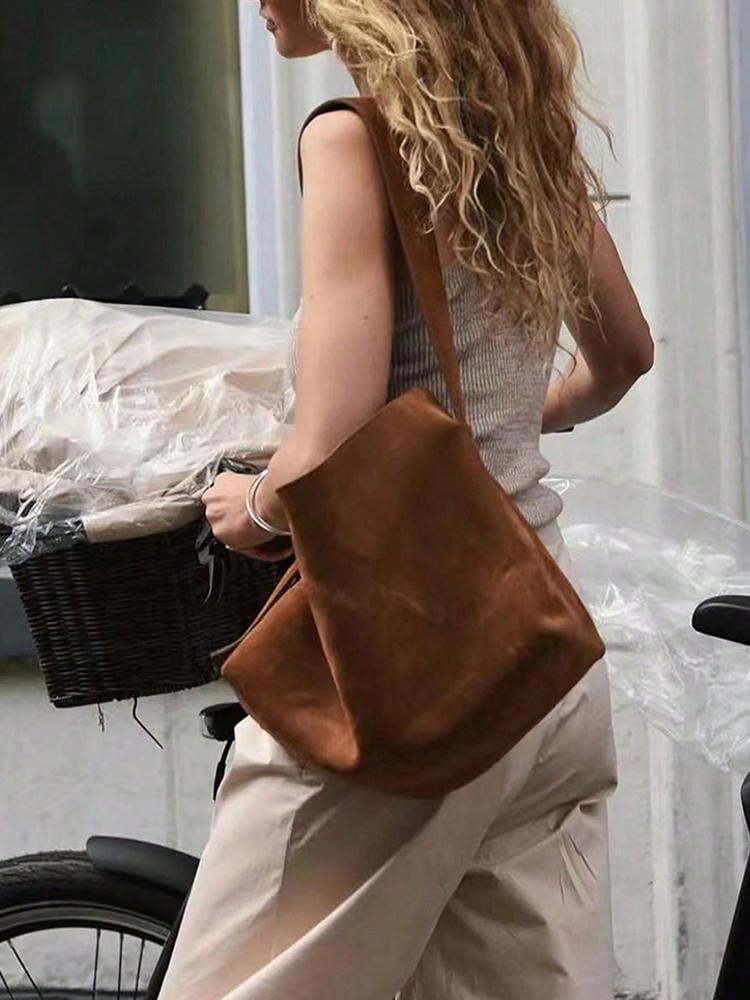 Borsa a Spalla Marrone di Grande Capacità Autunno Inverno Nuova Borsa Retro da Sottobraccio Tempo Libero Quotidiana da Pendolare Borse a Secchiello da Donna