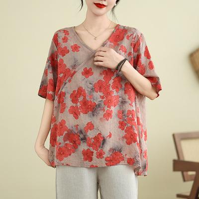 Large Size Women's Summer Thin Loose and Versatile Casual New Chinese V-neck Five-point Sleeve Top for Women