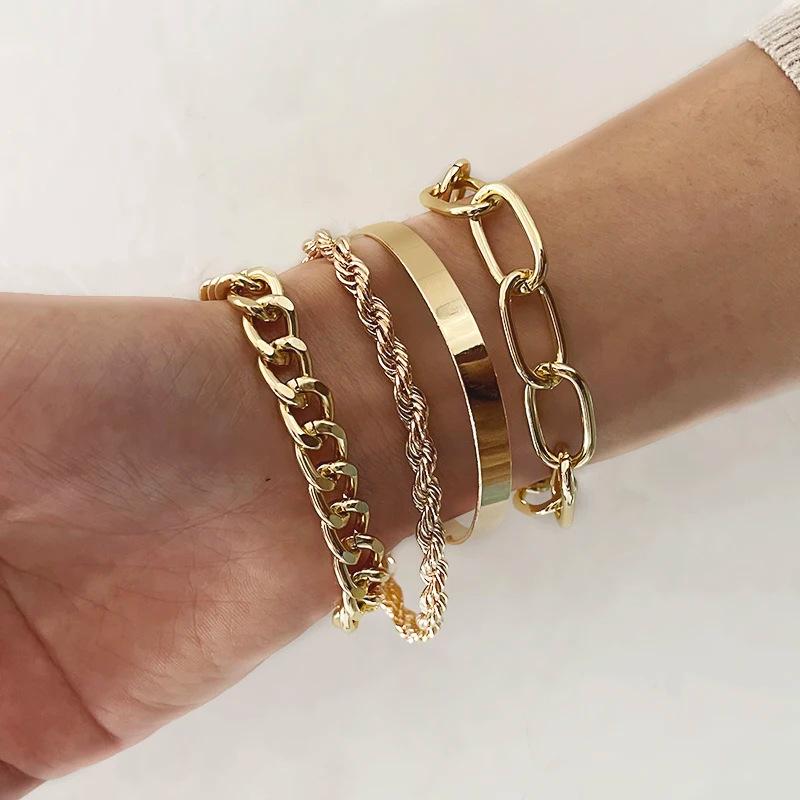 "European & American Stylish Twist Chain Hip-Hop Bracelet Set for Girls - 4-Piece Handmade Collection"