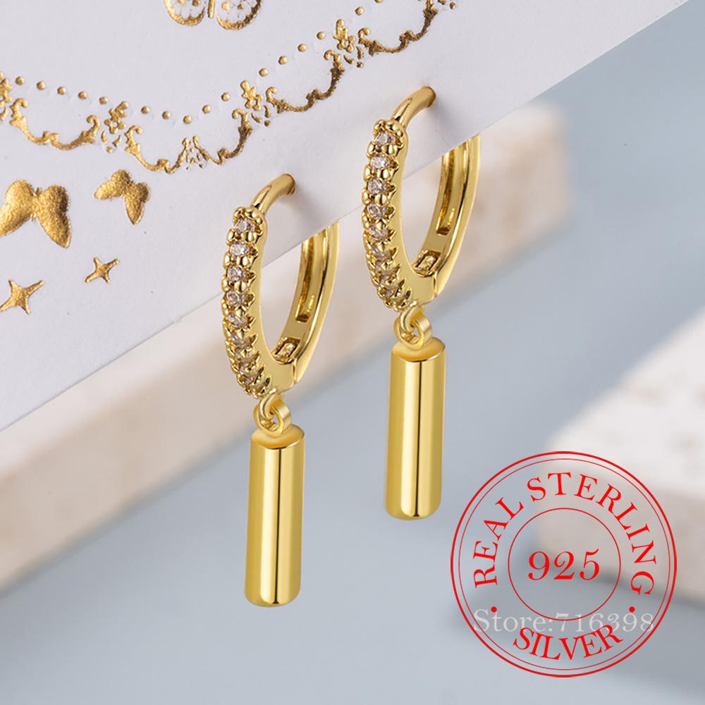 Women Earrings Original 925 Sterling Silver Pave CZ Round Stick Huggie Hoop Earrings Engagement Wedding Party Jewelry