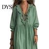 Quarter Sleeve Dress Women Summer Long Dress, 3/4 Ruffle V Neck Slimming Maxi Casual Loose Fit Flowy Beach Vacation Sundress