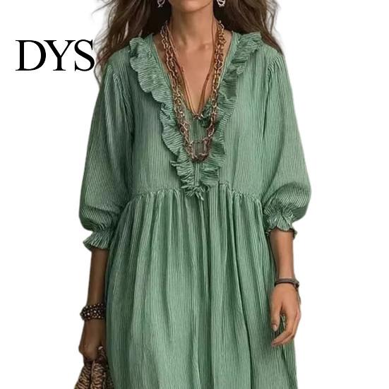 Quarter Sleeve Dress Women Summer Long Dress, 3/4 Ruffle V Neck Slimming Maxi Casual Loose Fit Flowy Beach Vacation Sundress