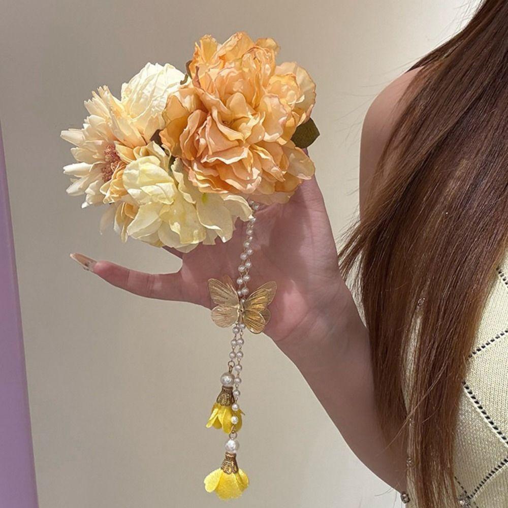 Elegant Design Flower Hairpin Pink Floral Headdress Tassel Hanfu Hair Accessories  Party Wear