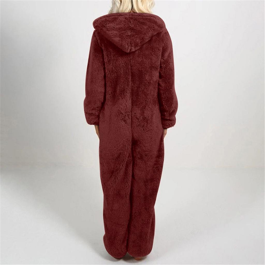 Women Long Sleeve Hooded Jumpsuit Pajamas Casual Winter Warm Rompe Sleepwear