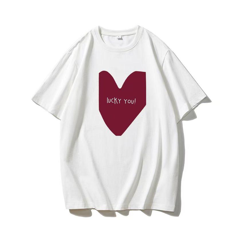 

European and American Fashion Casual Love Heart Print Loose Cotton T-shirt Top Printed Cotton T-shirt Top White 3XL