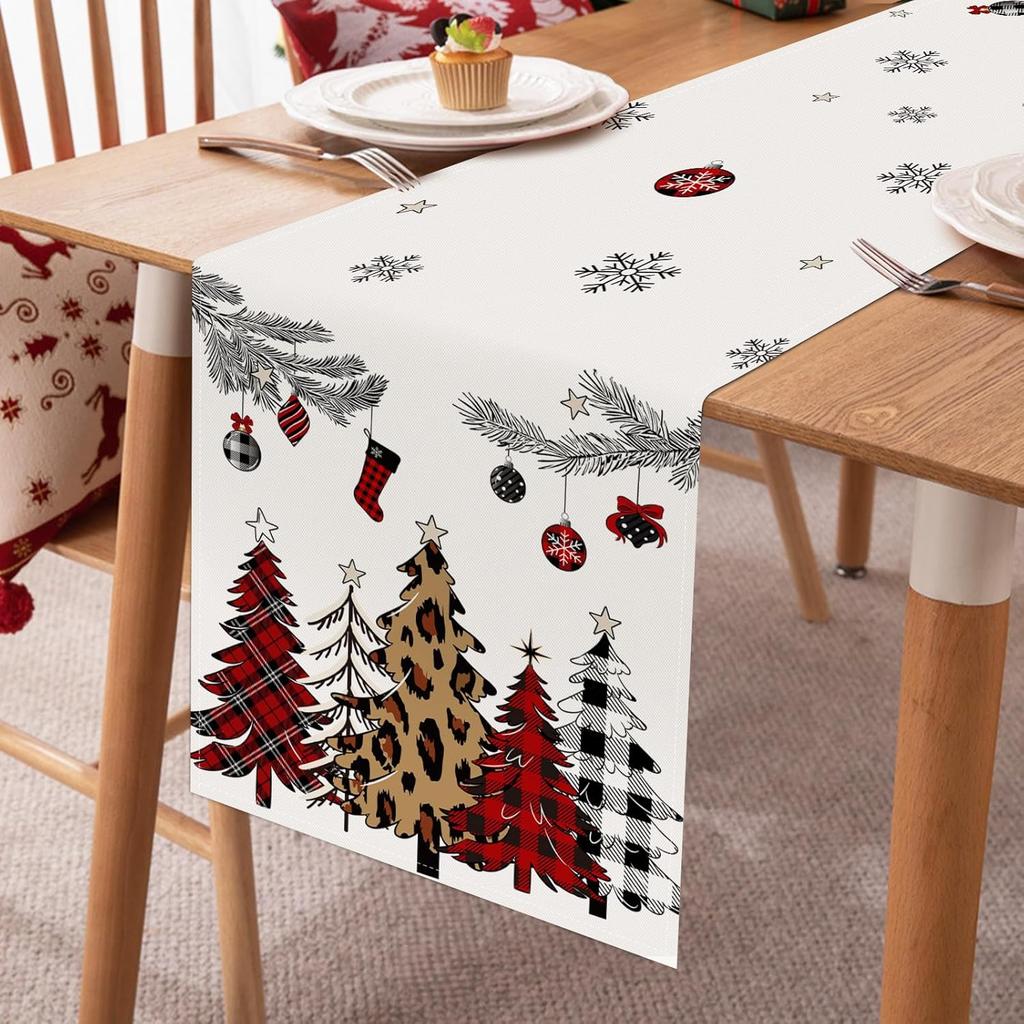 Bonhause Buffalo Plaid Christmas Trees Table Runner 13x72 Inch Snowflakes Pine Branches Red Winter Holiday Kitchen Dining Table Decoration for Indoor