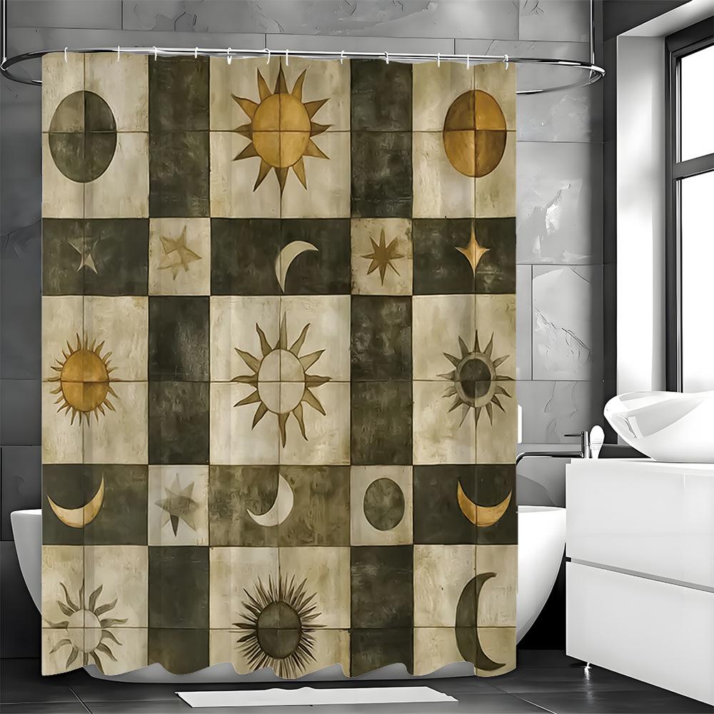 Jigsaw style: Sun and Moon Shower Curtain Washable Dirt-Resistant Shower Head waterproof Polyester Bath Curtain For Home Decor