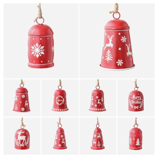 2 Pcs Red Christmas Bells Ornament Vintage Rustic Hanging Bell with Snowflake Reindeer Tree Pattern Handmade Lucky Bell for Home Tree Decor