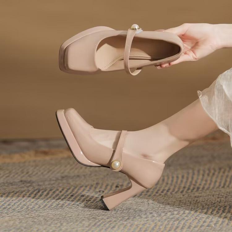 

Туфли-лодочки Мэри Джейн женские весенние новые на одном ремешке с жемчужным характером, не утомляющие ноги, рабочие туфли с квадратным носком, одинарные туфли 39